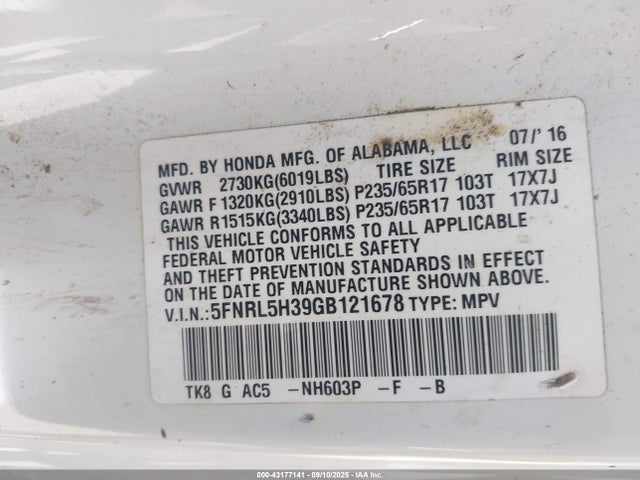 5FNRL5H39GB121678 Honda j35z8