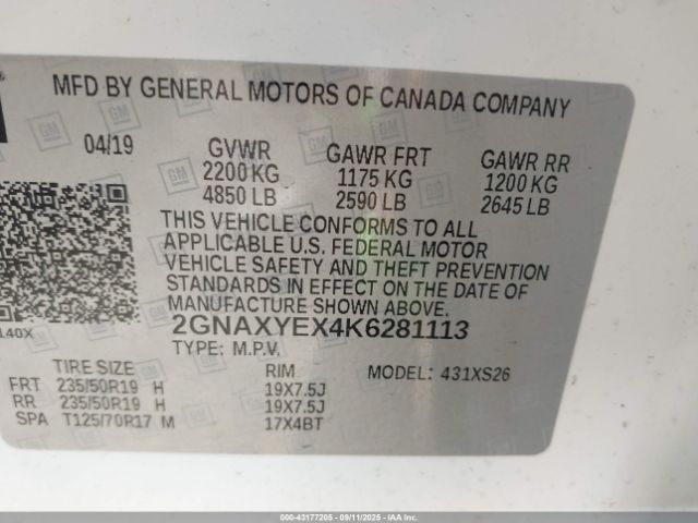 2019 CHEVROLET EQUINOX 2GNAXYEX4K6281113 Photo 8