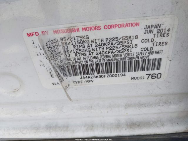 2015 MITSUBISHI OUTLANDER JA4AZ3A30FZ000194 Photo 8