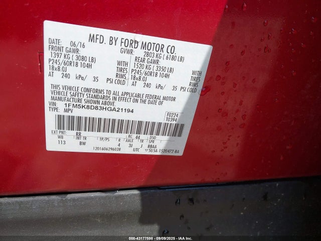 1FM5K8D83HGA21194 Ford 3.5l ti-vct