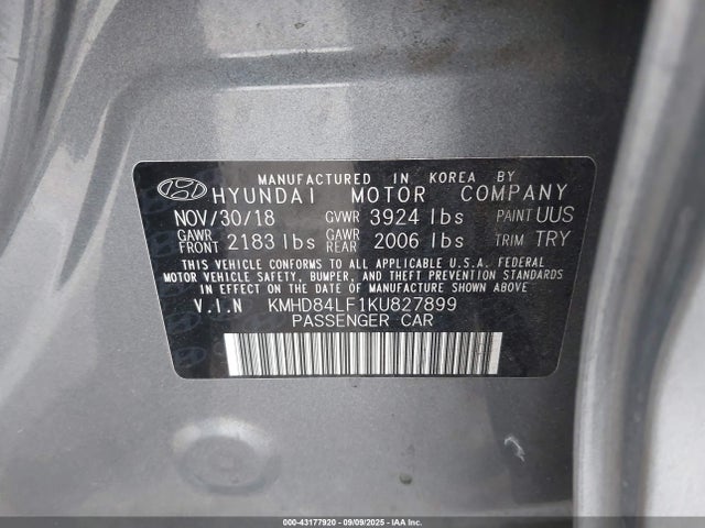 KMHD84LF1KU827899 Hyundai mpi nu
