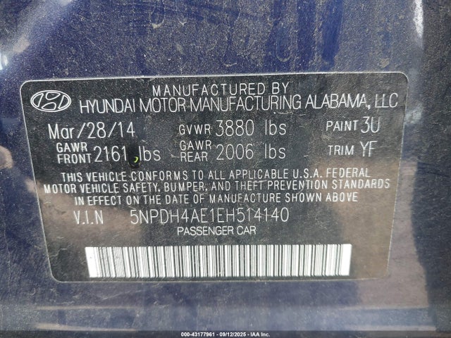 5NPDH4AE1EH514140 Hyundai dohc mpi nu