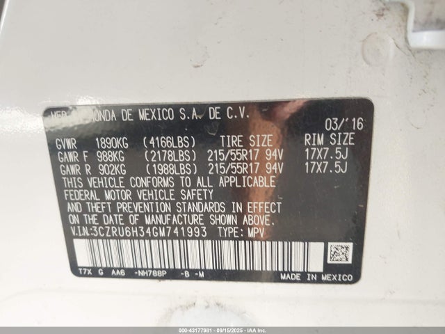 3CZRU6H34GM741993 Honda r18z9