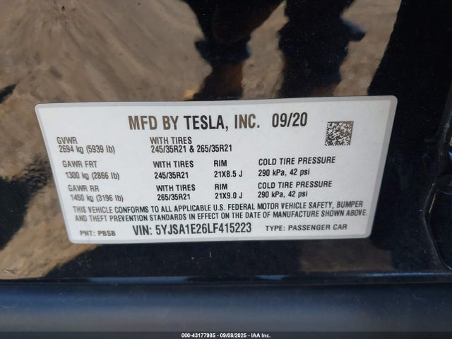 2020 TESLA MODEL S 5YJSA1E26LF415223 Photo 8
