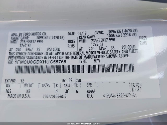 1FMCU0GDXHUC55765 Ford gtdi sigma w/premium fuel