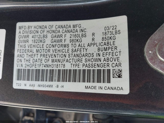 2HGFE1F74NH318178 Honda l15by