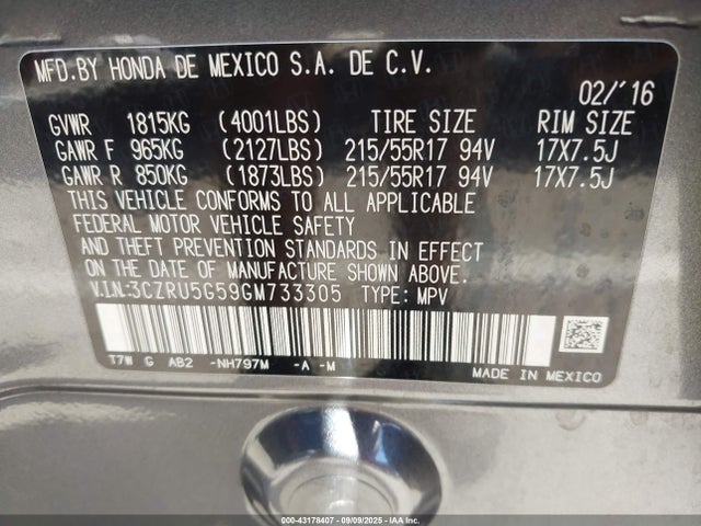 3CZRU5G59GM733305 Honda r18z9