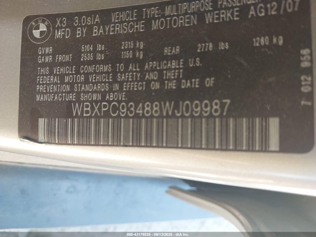 43178538 :رقم المزاد ، WBXPC93488WJ09987 vin ، 2008 Bmw X3 3.0si مزاد بيع