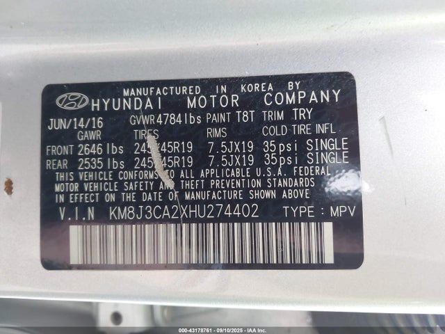 Hyundai t-gdi gamma 2017 KM8J3CA2XHU274402 Image 9