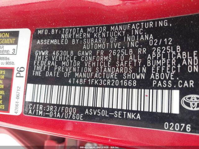 2012 TOYOTA CAMRY 4T4BF1FK3CR201668 Photo 8