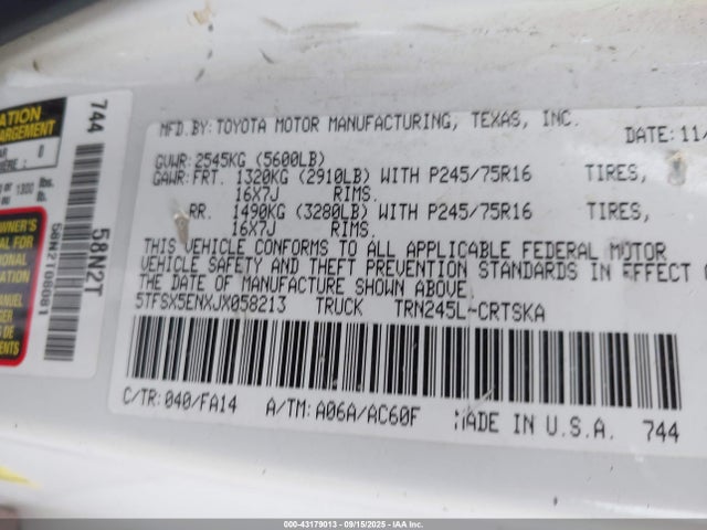 5TFSX5ENXJX058213 Toyota 2tr-fe
