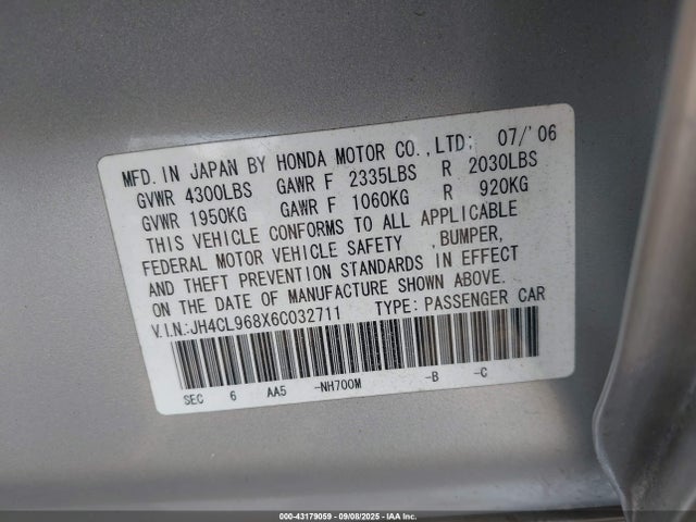 43179059 :رقم المزاد ، JH4CL968X6C032711 vin ، 2006 Acura Tsx مزاد بيع