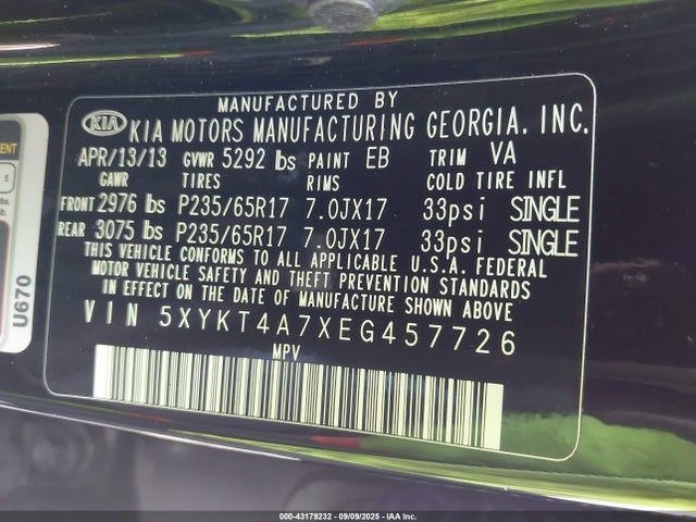 5XYKT4A7XEG457726 KIA gasoline 3.3 v6 gdi lambda ii