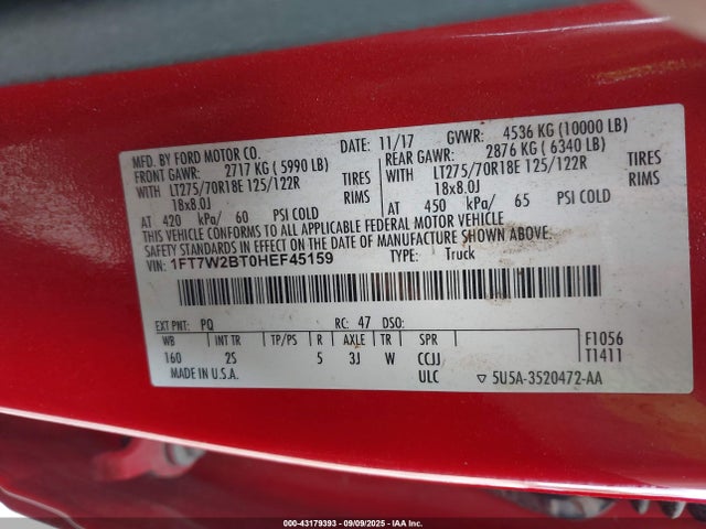 43179393 :رقم المزاد ، 1FT7W2BT0HEF45159 vin ، 2017 Ford F-250 Xlt مزاد بيع