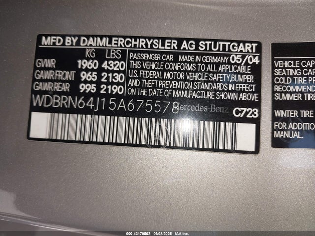 43179502 :رقم المزاد ، WDBRN64J15A675578 vin ، 2005 Mercedes-benz C 320 Sport مزاد بيع