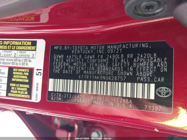 4T1R11AK9NU628757 Toyota a25a-fks