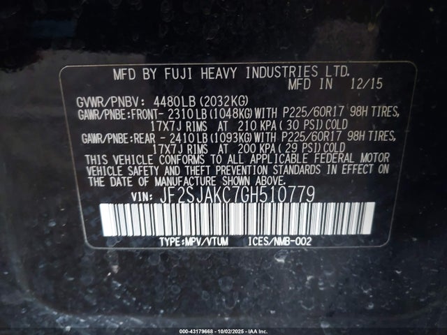JF2SJAKC7GH510779 Subaru naturally aspirated u5