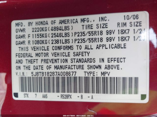 2007 ACURA RDX 5J8TB18287A008677 Photo 8