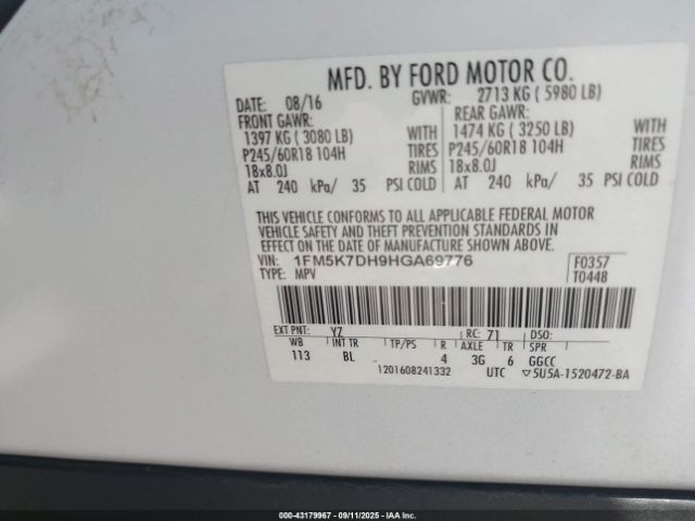 2017 FORD EXPLORER 1FM5K7DH9HGA69776 Photo 8