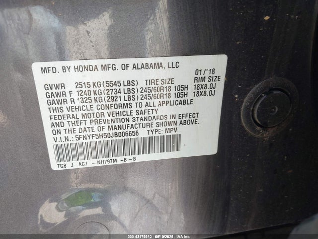 Honda j35y6 2018 5FNYF5H50JB006656 Image 9