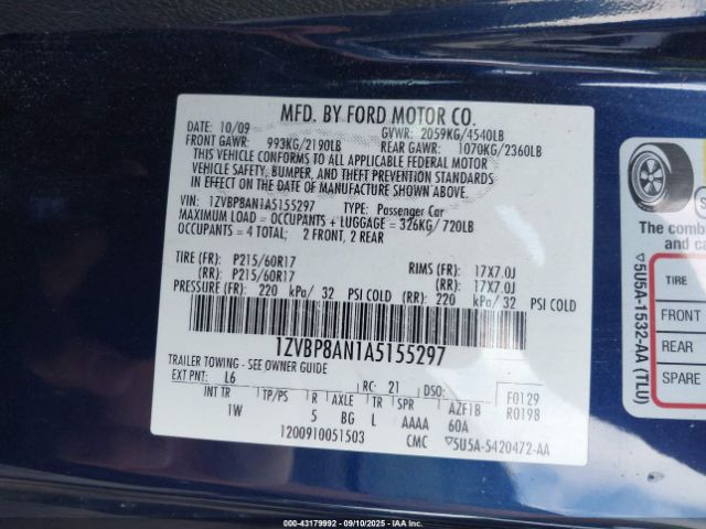 2010 FORD MUSTANG 1ZVBP8AN1A5155297 Photo 8