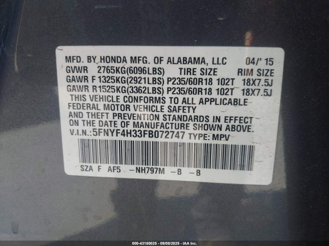 Honda j35z4 2015 5FNYF4H33FB072747 Image 9