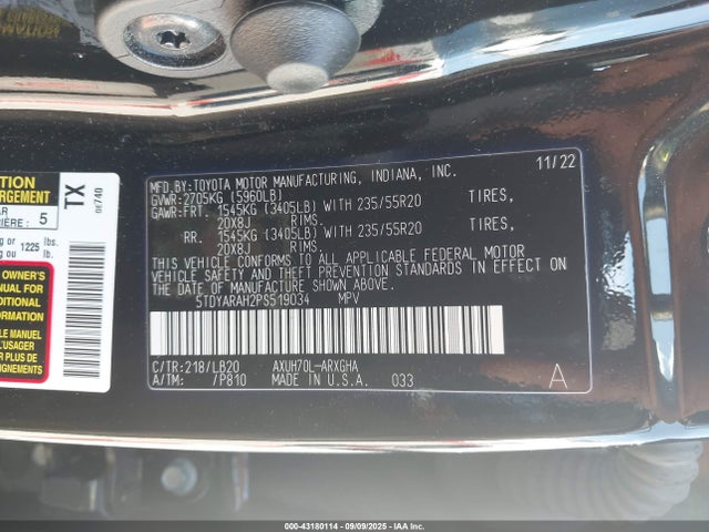 43180114 :رقم المزاد ، 5TDYARAH2PS519034 vin ، 2023 Toyota Highlander Hybrid Limited مزاد بيع