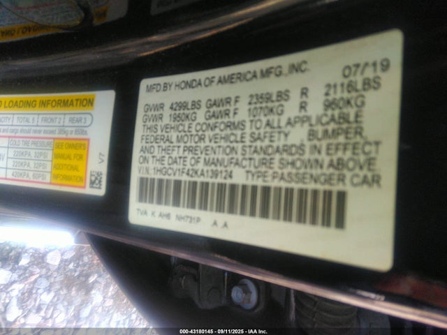 1HGCV1F42KA139124 Honda l15be