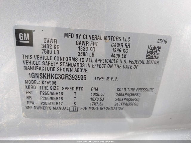1GNSKHKC3GR393935 Chevrolet l83 - sidi, vvt, afm, e85 max, aluminum