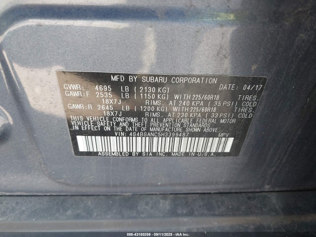 Subaru u5 2017 4S4BSANC5H3399487 Image 9