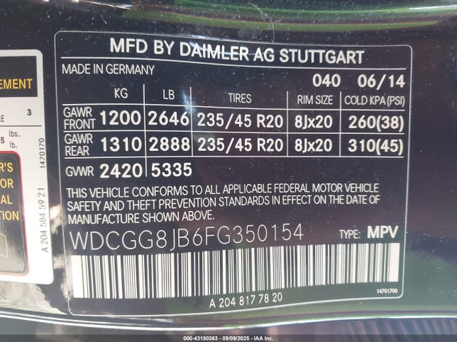 Aukcja sprzedaży 2015 Mercedes-benz Glk 350 4matic, vin: WDCGG8JB6FG350154, numer aukcji: 43180363