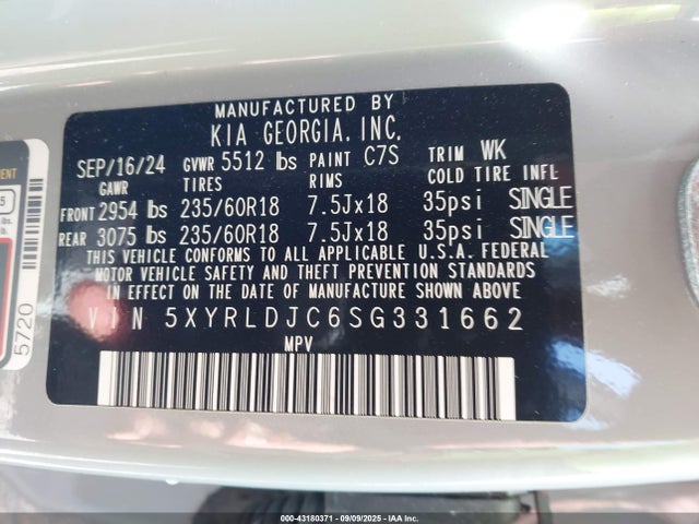 5XYRLDJC6SG331662 KIA gdi theta-iii