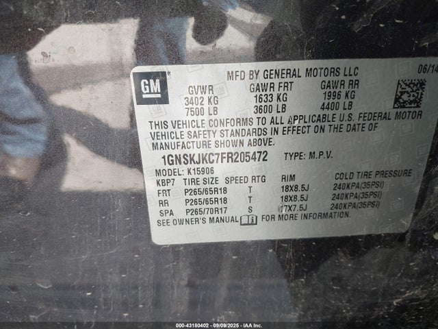 1GNSKJKC7FR205472 Chevrolet l83 - vvt, active fuel management, aluminum