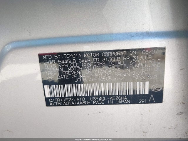 Aukcja sprzedaży 2008 Lexus Ls 460, vin: JTHBL46F485053672, numer aukcji: 43180450