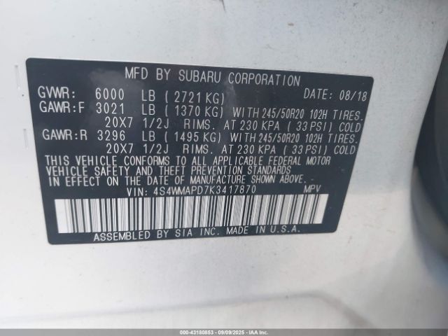 2019 SUBARU ASCENT 4S4WMAPD7K3417870 Photo 8