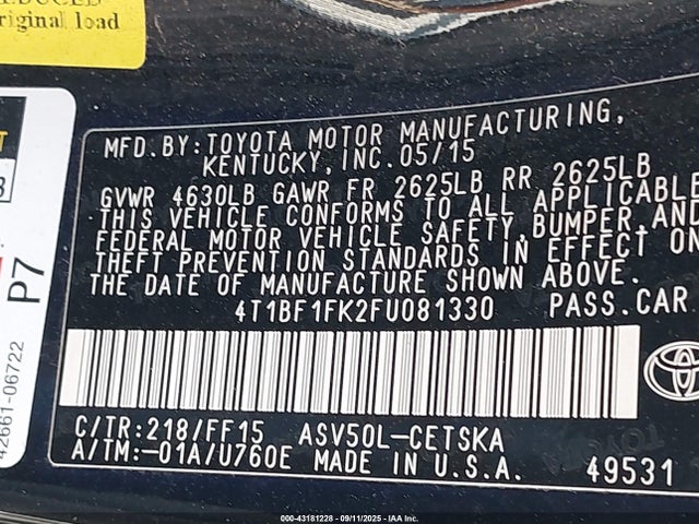 4T1BF1FK2FU081330 Toyota 2ar-fe