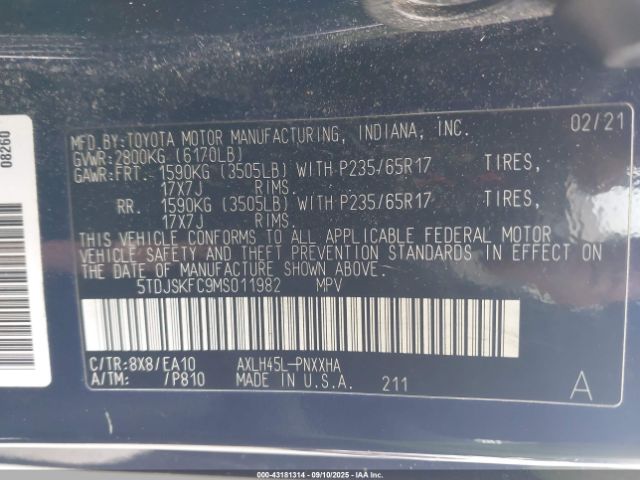 2021 TOYOTA SIENNA 5TDJSKFC9MS011982 Photo 8