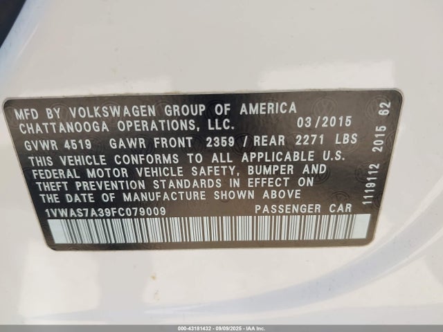 Volkswagen Passat 2015 1VWAS7A39FC079009 Image 9