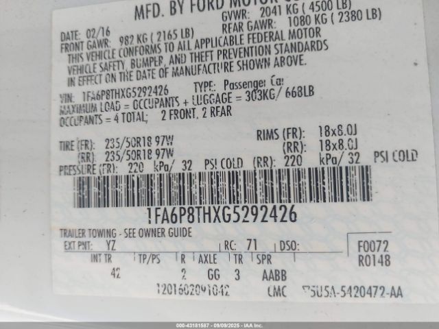 2016 FORD MUSTANG 1FA6P8THXG5292426 Photo 8