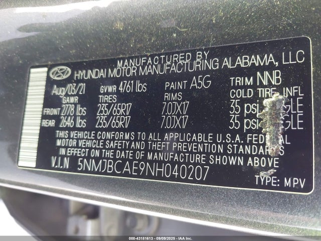 5NMJBCAE9NH040207 Hyundai gdi theta iii