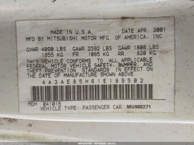 2001 MITSUBISHI ECLIPSE SPYDER 4A3AE85H61E189502 Photo 8