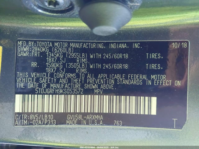 5TDJGRFH9KS053572 Toyota 2gr-fxs, 4jm+2fm