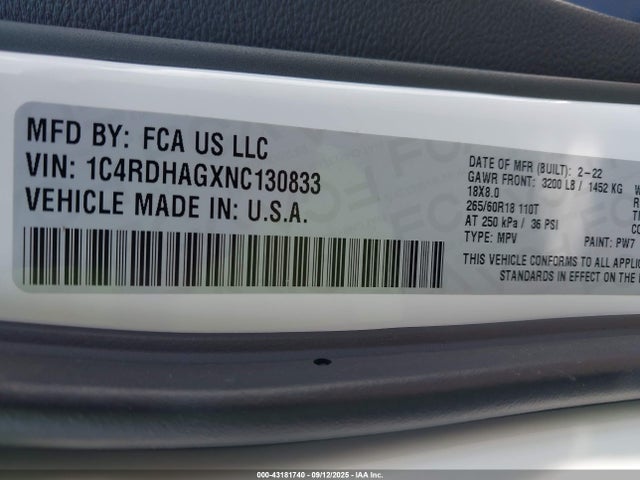 43181740 :رقم المزاد ، 1C4RDHAGXNC130833 vin ، 2022 Dodge Durango Sxt Rwd مزاد بيع