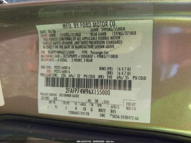 2006 FORD CROWN VICTORIA 2FAFP74W96X155000 Photo 8