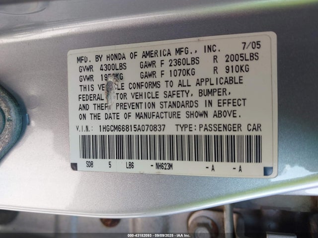 Aukcja sprzedaży 2005 Honda Accord 3.0 Ex, vin: 1HGCM66815A070837, numer aukcji: 43182093