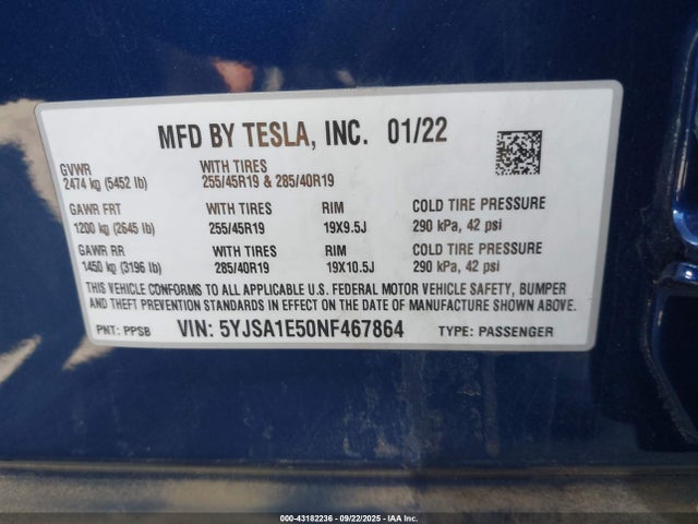2022 TESLA MODEL S 5YJSA1E50NF467864 Photo 8