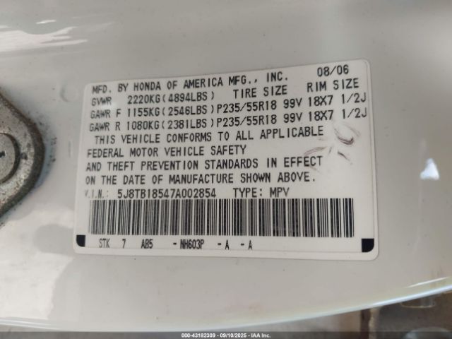 2007 ACURA RDX 5J8TB18547A002854 Photo 8