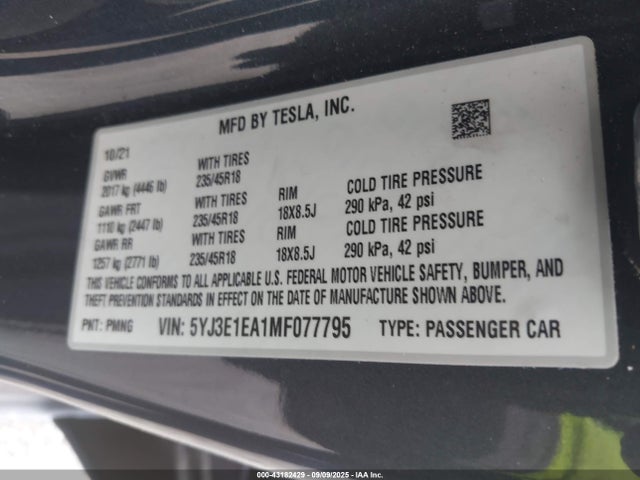2021 TESLA MODEL 3 5YJ3E1EA1MF077795 Photo 8