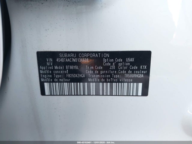 43182481 :رقم المزاد ، 4S4BTAAC7M3136608 vin ، 2021 Subaru Outback مزاد بيع