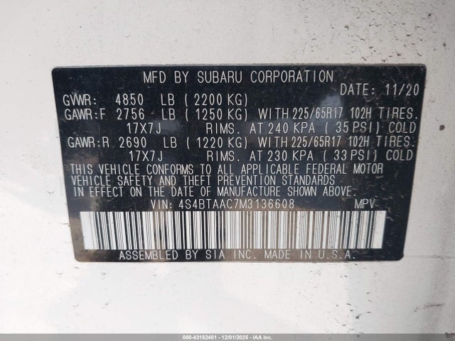 43182481 :رقم المزاد ، 4S4BTAAC7M3136608 vin ، 2021 Subaru Outback مزاد بيع